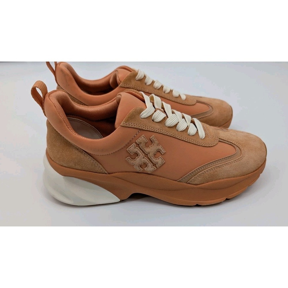Tory Burch Good Luck Trainer Leather Suede Peach Orange Sneaker Size 8M Preppy